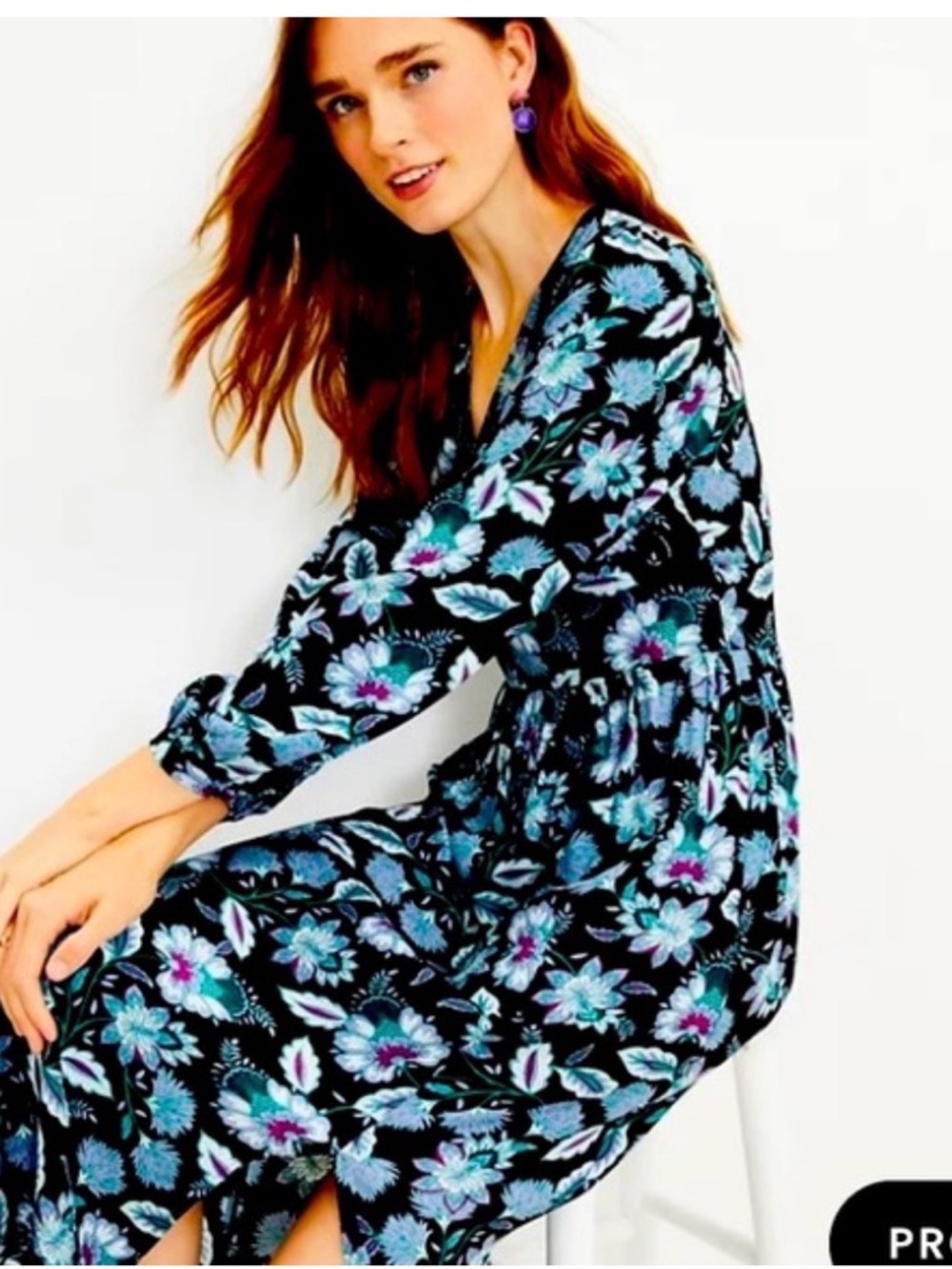 Loft Ann Taylor navy blue & purple floral midi dress size 8 long sleeves